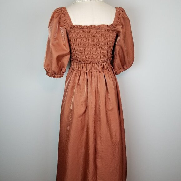 Moon River Copper A Line Midi Dress Smocked Bodice Puff Sleeves Medium NEWw/Tags - Picture 6 of 10